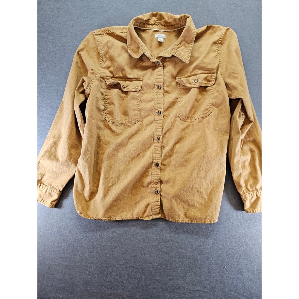 LL Bean Womens Large Petite Tan Cotton Twill Button Down Utility Shirt LS